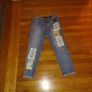 A.Z.I New York Lace Patch Jeans Size 8 Light Wash Frayed Cottagecore